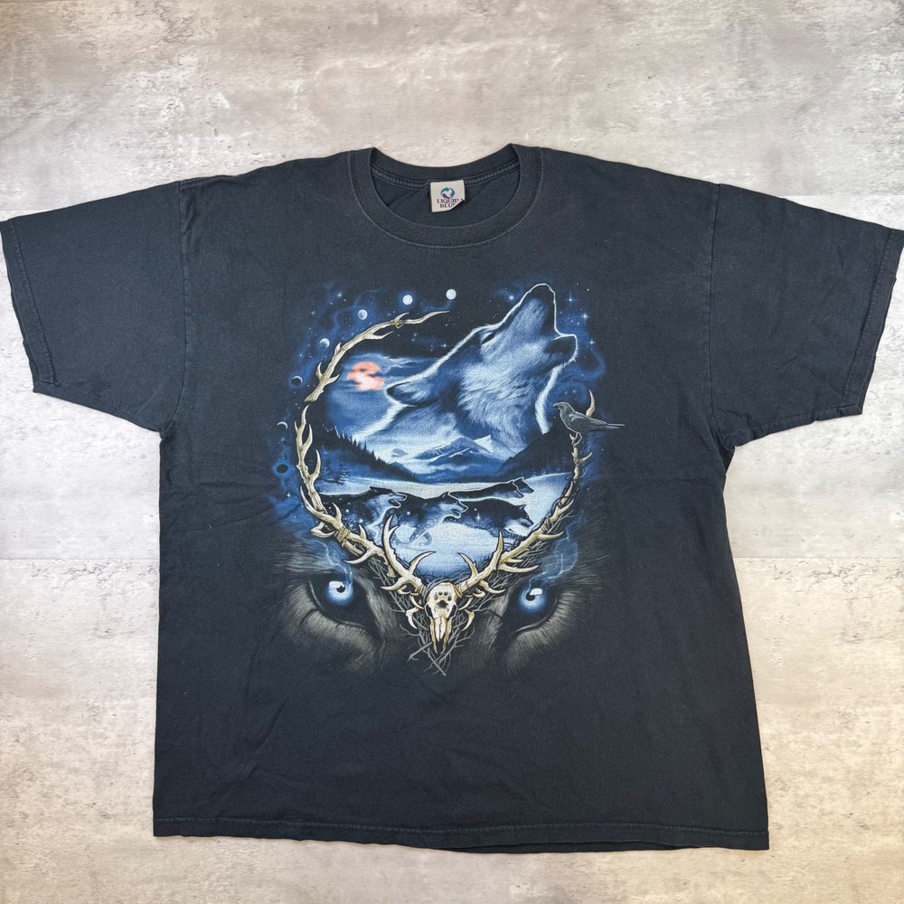 Liquid Blue Wolf Graphic T-Shirt Black Double Sided Antler Skull Mens XL